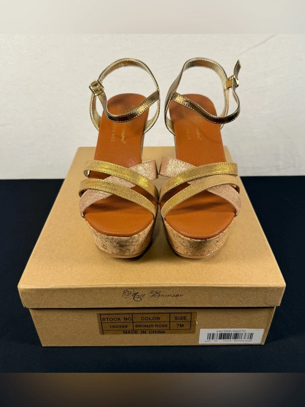 Matt Bernson Chunky Heel Bronze Rose Leather Cork Platform Sandals NIB Size 7